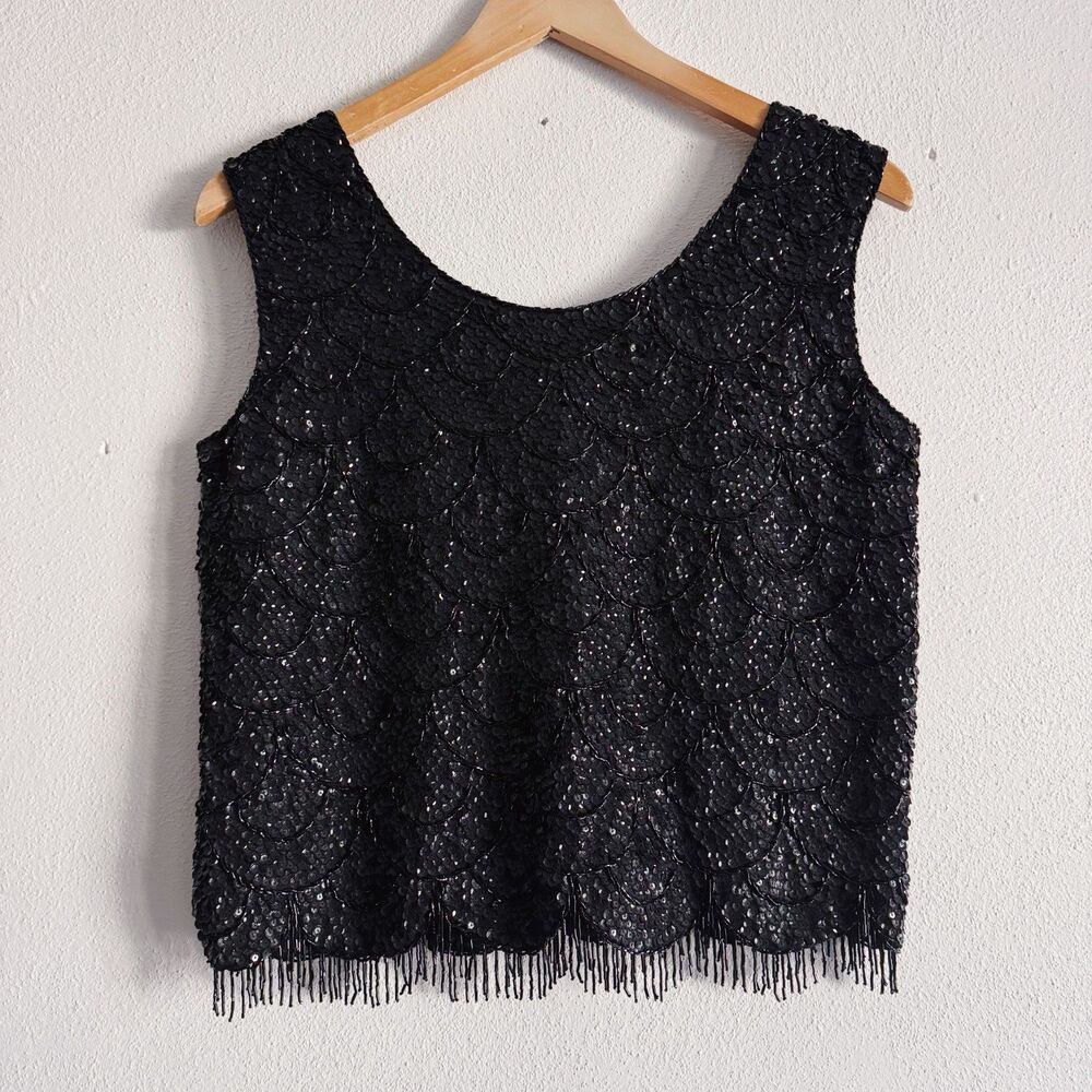 60s vintage sequin beaded fringe hand loomed wool tank